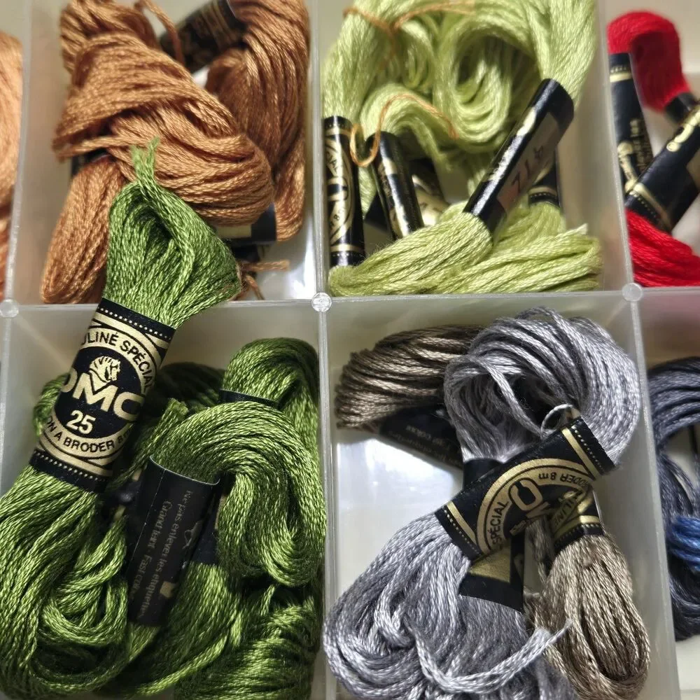 Lot of DMC Embroidery Floss Skeins with 17-Compartment Storage Organizer